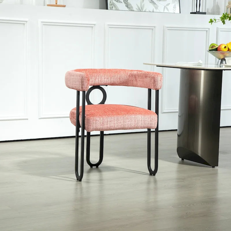 Pink Upholstered Barrel Chair with Black Iron Frames
