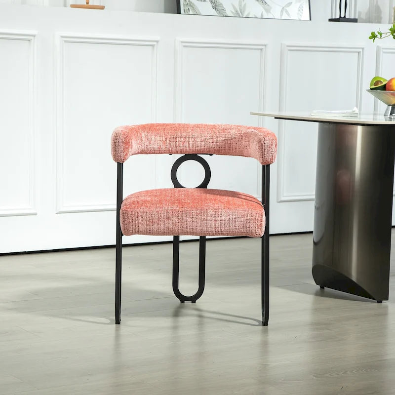 Pink Upholstered Barrel Chair with Black Iron Frames