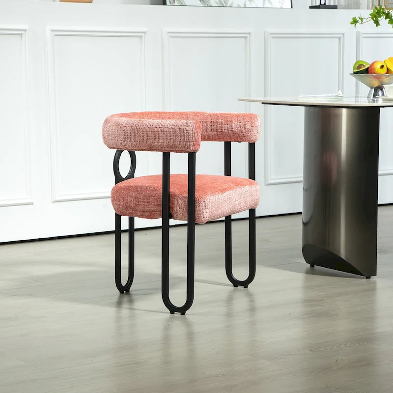Pink Upholstered Barrel Chair with Black Iron Frames