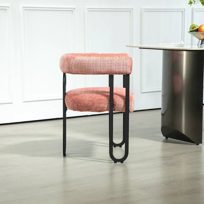 Pink Upholstered Barrel Chair with Black Iron Frames