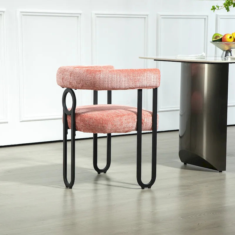 Pink Upholstered Barrel Chair with Black Iron Frames