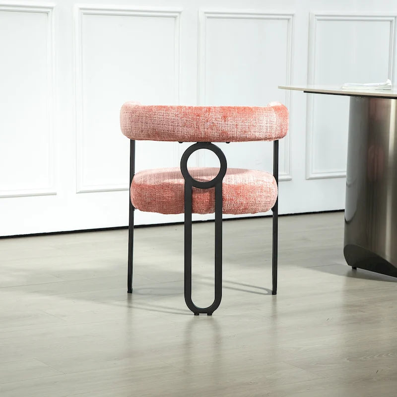 Pink Upholstered Barrel Chair with Black Iron Frames