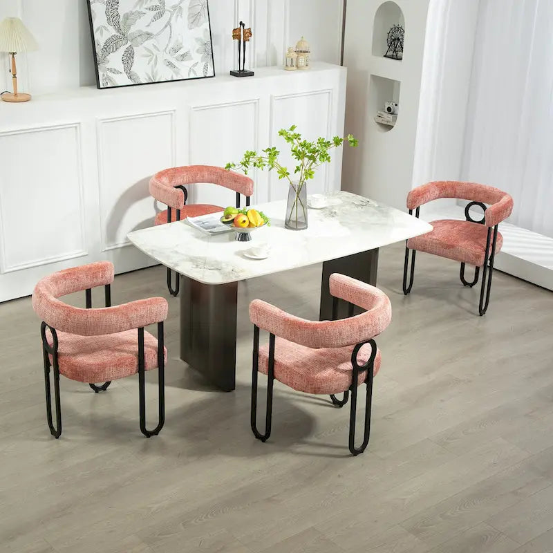Pink Upholstered Barrel Chair with Black Iron Frames