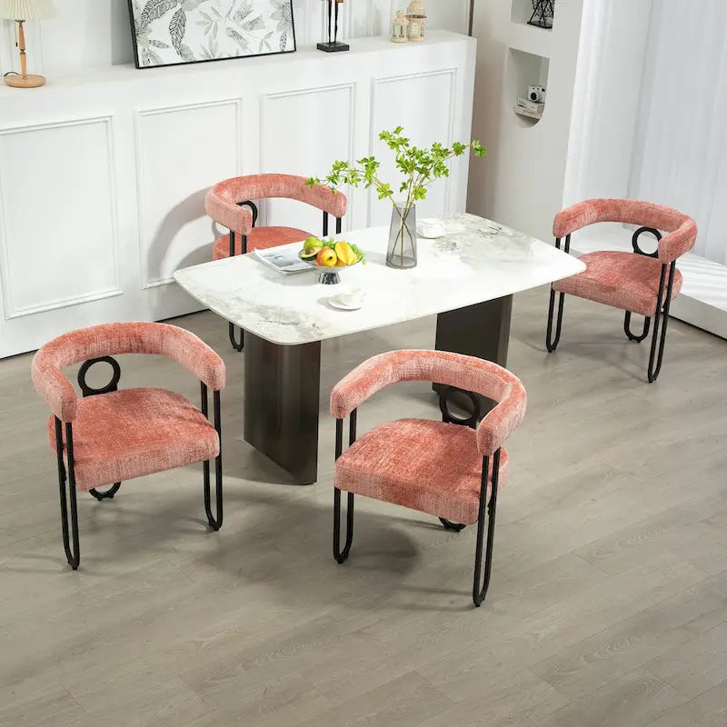 Pink Upholstered Barrel Chair with Black Iron Frames