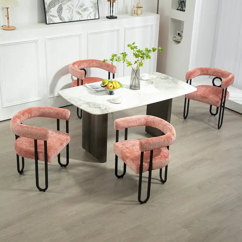 Pink Upholstered Barrel Chair with Black Iron Frames