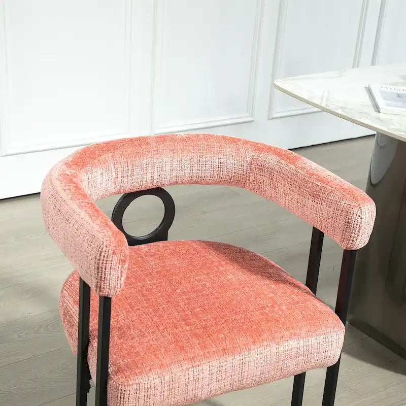 Pink Upholstered Barrel Chair with Black Iron Frames