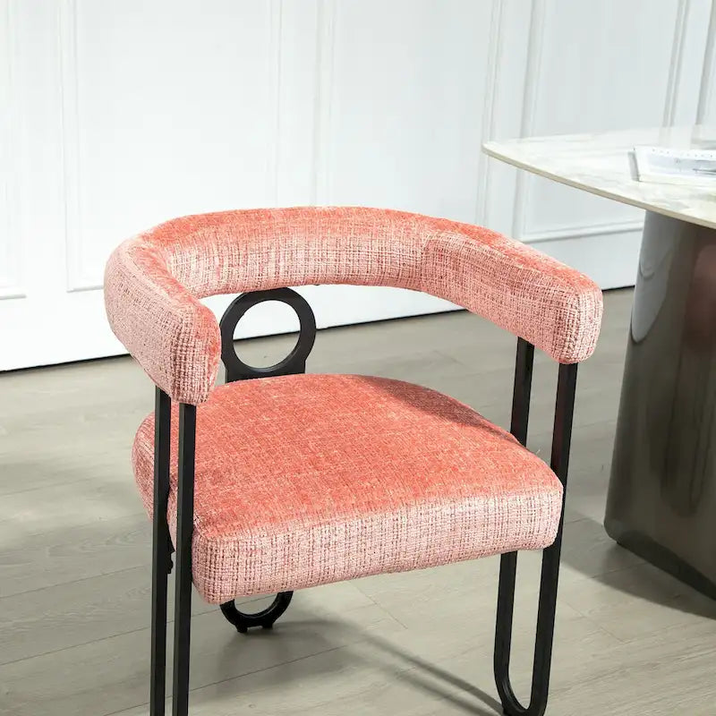 Pink Upholstered Barrel Chair with Black Iron Frames