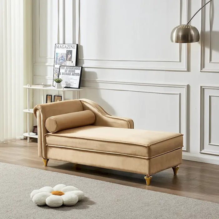 Chaise longue moderna in velluto color kaki con gambe in metallo e contenitore