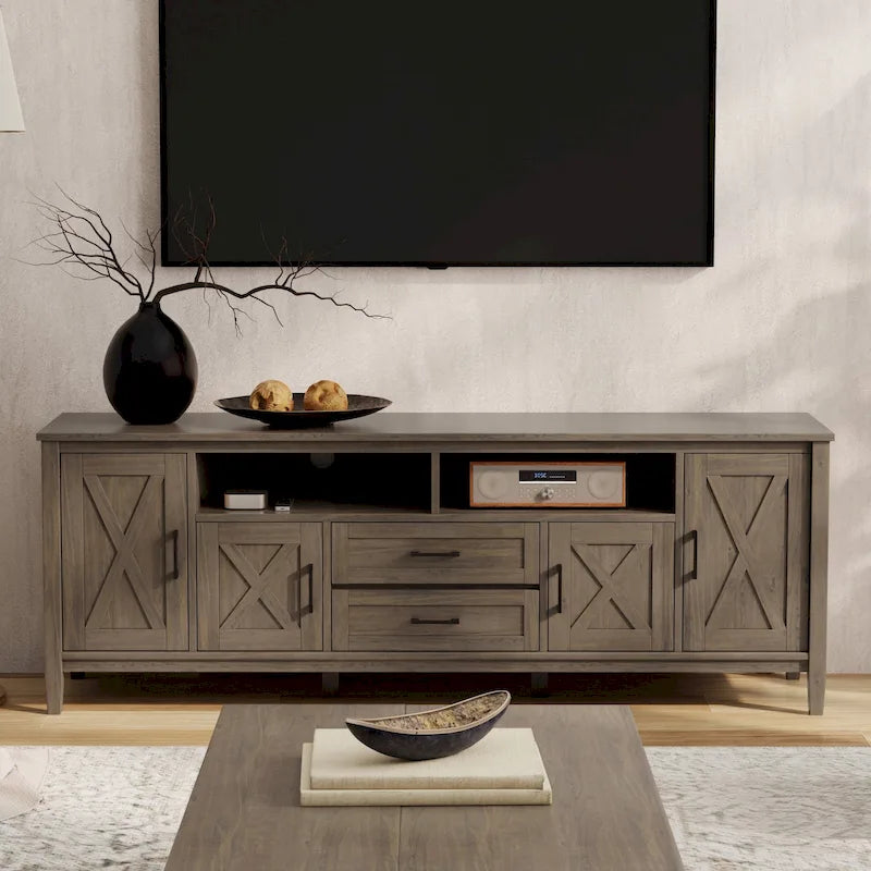 SOLID WOOD 72 inch Wide Transitional TV Media Stand in Smoky Brown For TVs up to 80 inches