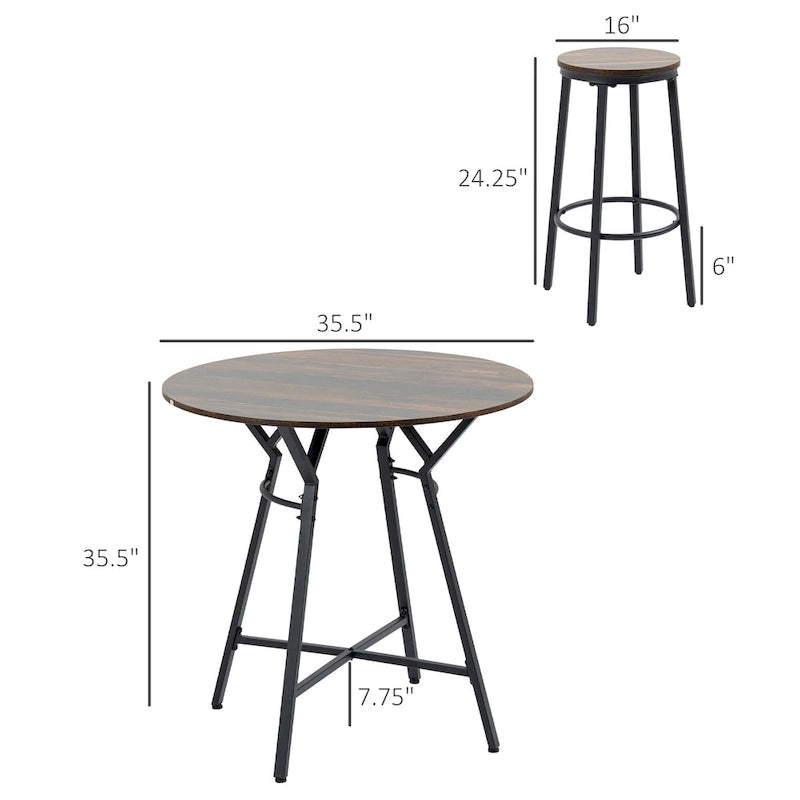HOMCOM Industrial 5-Piece Bar Table and Chairs Set, Space Saving Dining Table with 4 Stools for Pub and Kitchen, Black & Brown