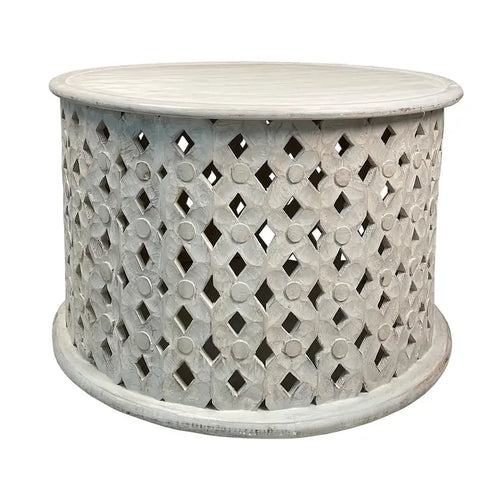 28 Inch Round Mango Wood Coffee Table, Intricate Diamond Lattice Cut Out Frame, Washed White