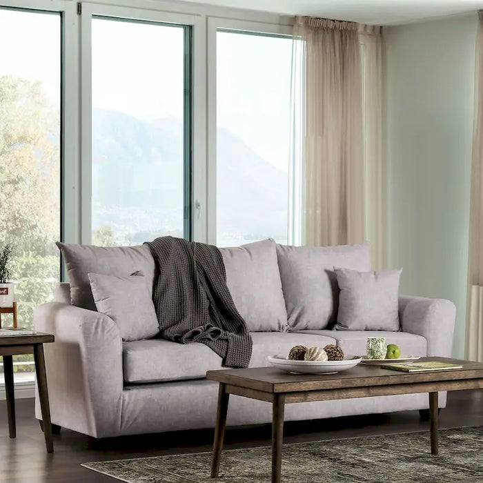 Divano imbottito in tessuto grigio chiaro contemporaneo di