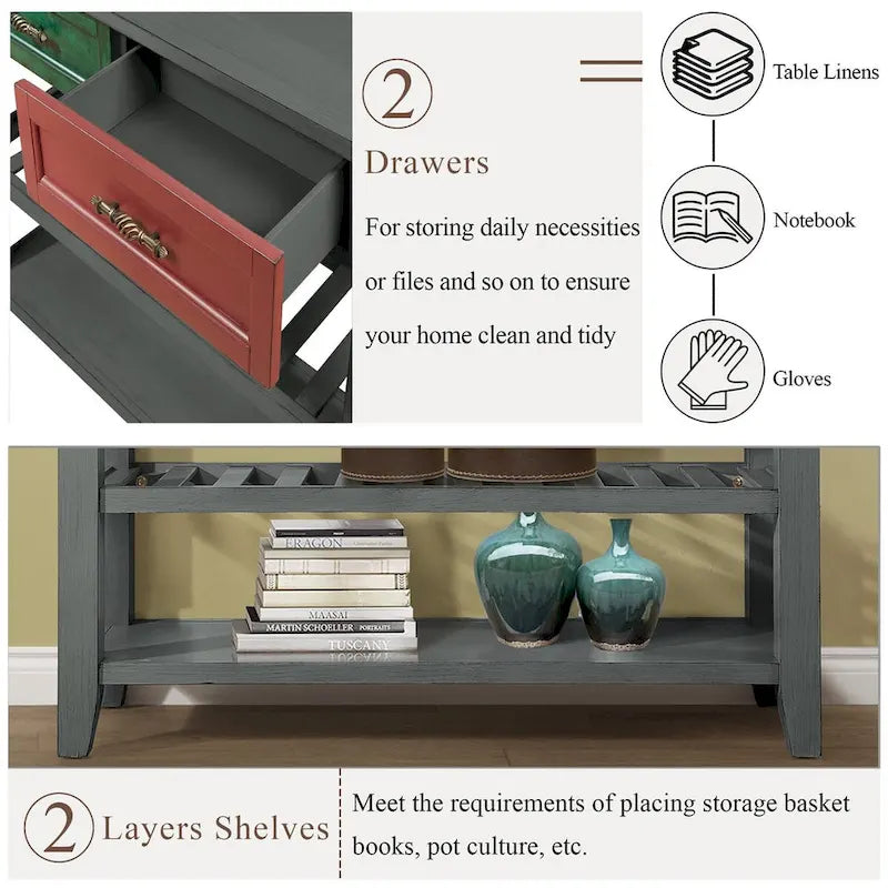Console Sofa Table with 2 Storage Drawers and 2 Tiers Shelves, 42 Wood Buffet Sideboard for Room Kitchen Entryway Hallway
